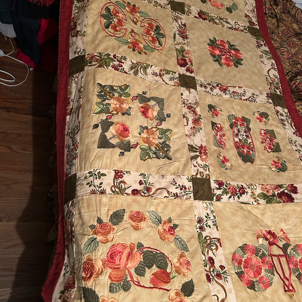 Homemade patchwork embroidered Floral Quilt, 42”x76”